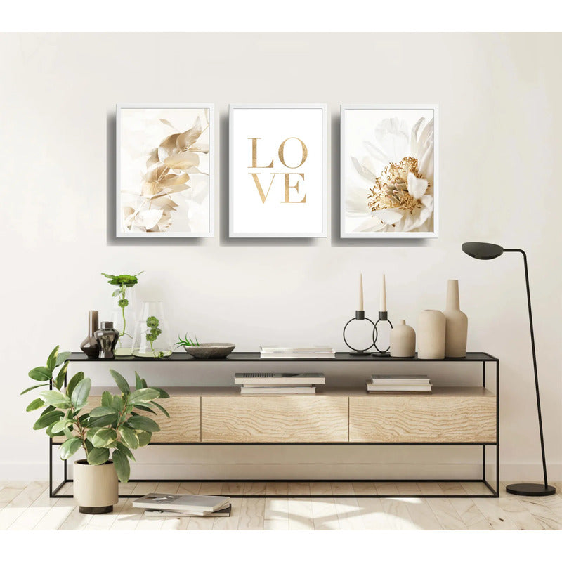 Set 3 Cuadros Hojas Doradas Love Botanica Tonos Suaves Marco Blanco