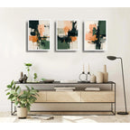 Set 3 Cuadros Dormitorio Living Abstracto Arte Verde Durazno Marco Blanco