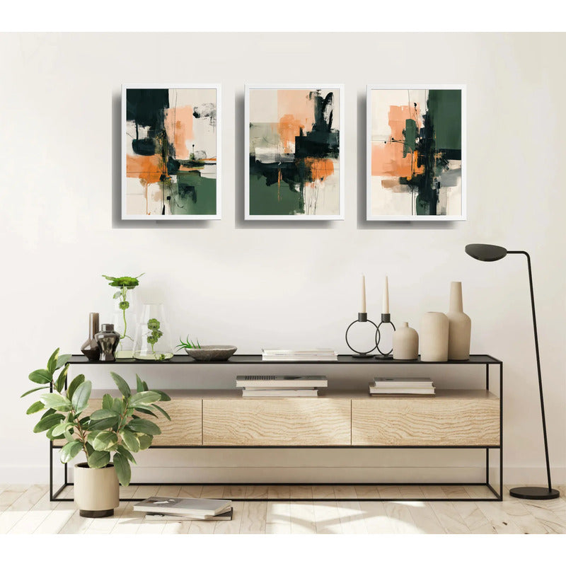 Set 3 Cuadros Dormitorio Living Abstracto Arte Verde Durazno Marco Blanco