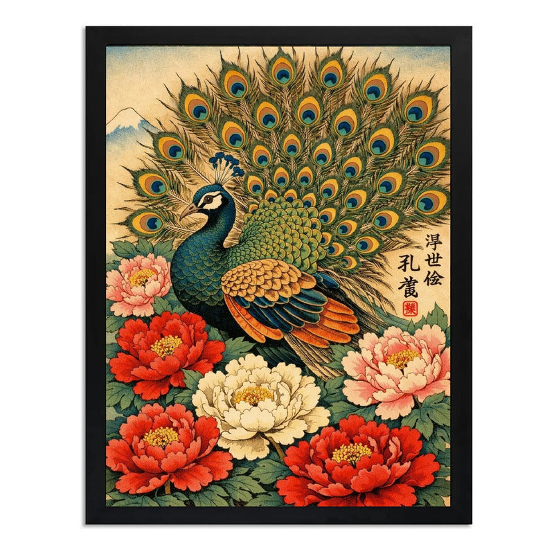 Cuadro Pavo Real Peonías Elegantes Japón Botanico Flores Art Marco Negro