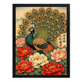 Cuadro Pavo Real Peonías Elegantes Japón Botanico Flores Art Marco Negro