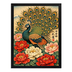 Cuadro Pavo Real Peonías Elegantes Japón Botanico Flores Art Marco Negro
