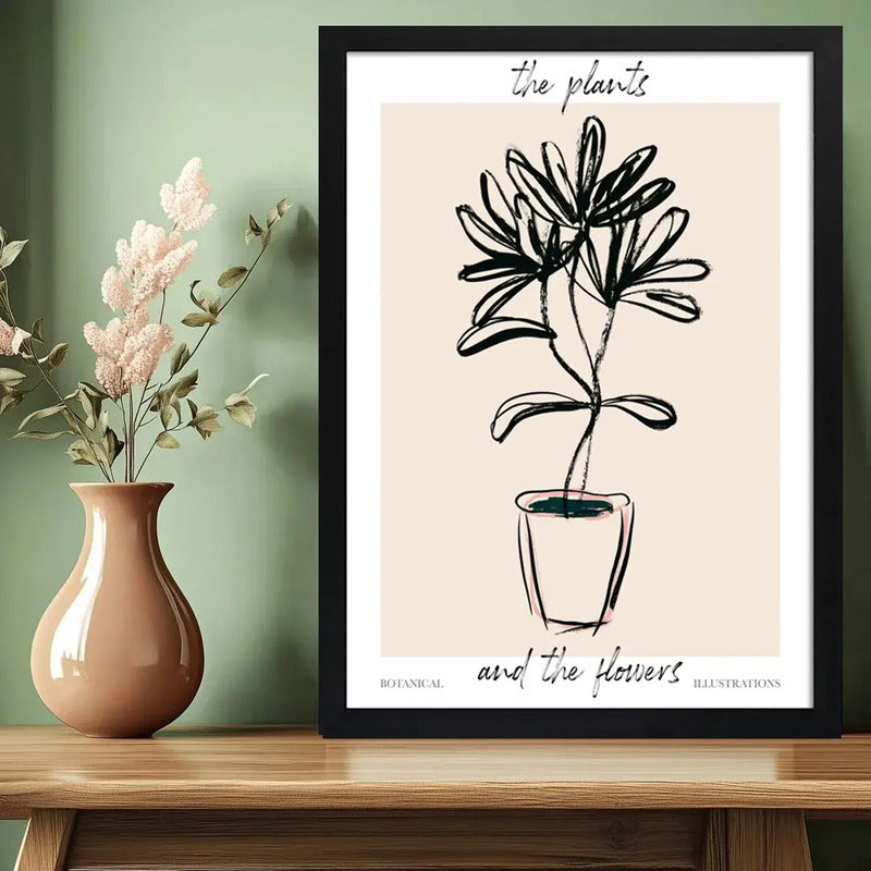 Cuadro Dormitorio Living Planta Dibujo Lineal Tonos Beige Marco Negro