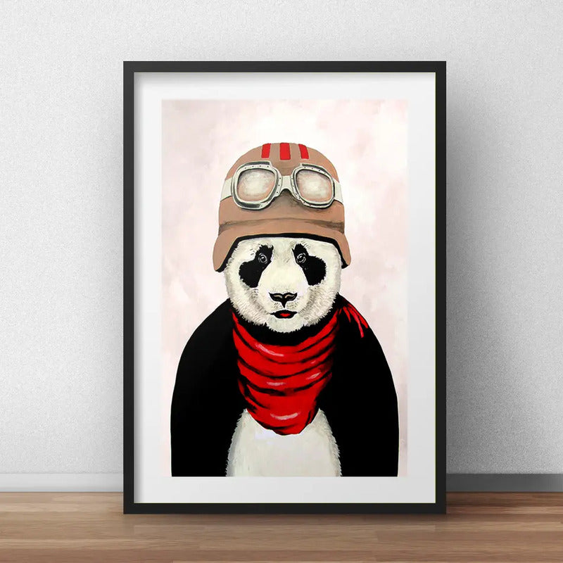 Cuadro Oso Panda Aviador Pop Art Animal Decoracion Paspartú Marco Negro