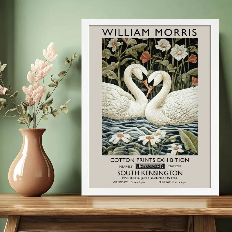 Cuadro Cisnes Amor William Morris Arte Flores Botanico Marco Blanco