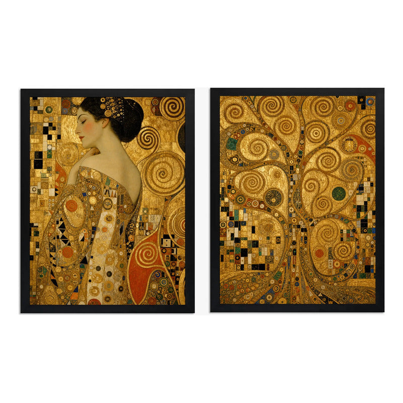 Set 2 Cuadros Gustav Klimt Arte Adele Y El Árbol De La Vida Marco Negro
