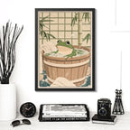 Cuadro Sapo Bano Banera Arte Japonés Bambú Sapito Decoracion Marco Negro