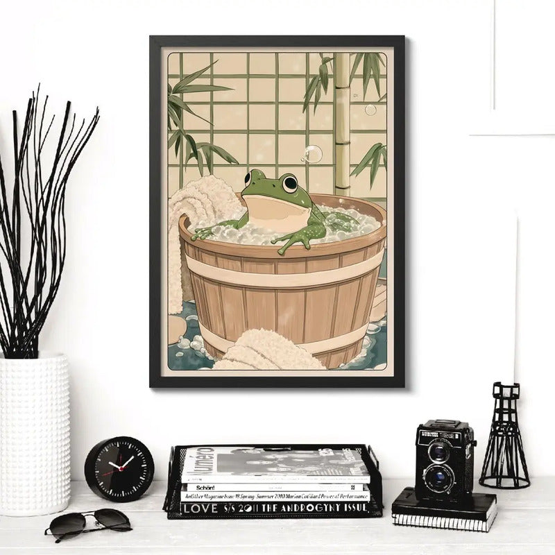 Cuadro Sapo Bano Banera Arte Japonés Bambú Sapito Decoracion Marco Negro