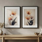 Set 2 Cuadros Flores Amapolas Tonos Pastel Con Paspartú Marco Negro
