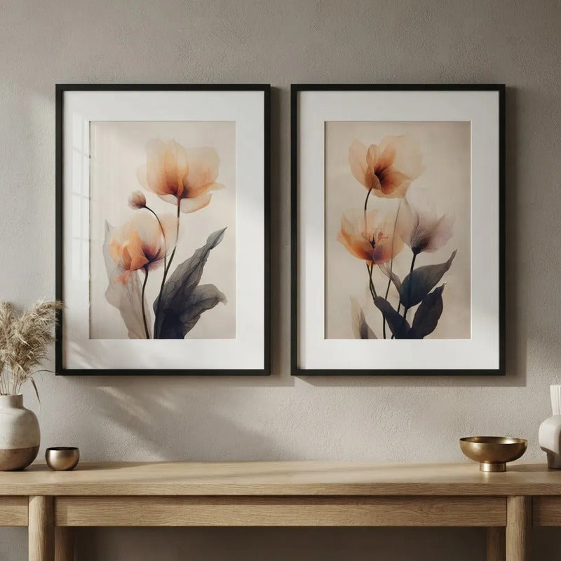 Set 2 Cuadros Flores Amapolas Tonos Pastel Con Paspartú Marco Negro