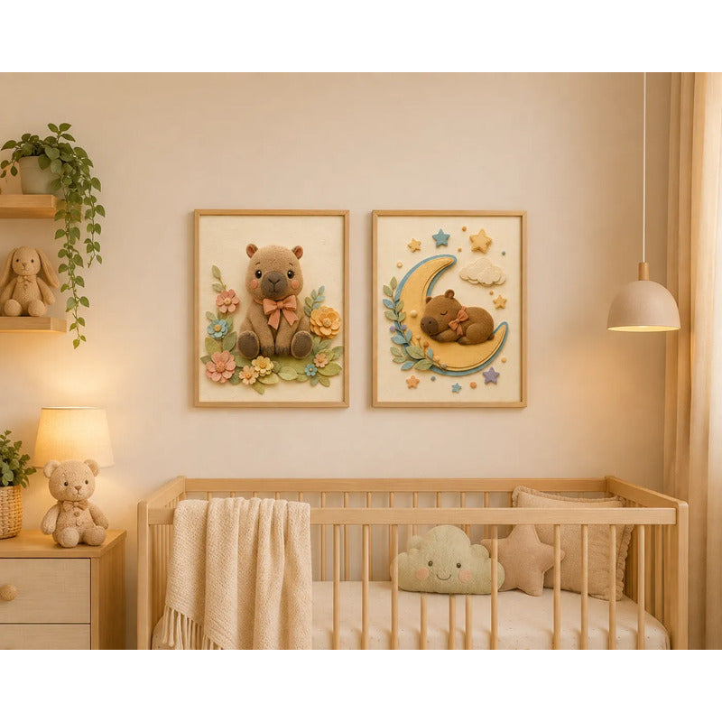 Set 2 Cuadros Infantil Bebe Carpincho Globos Flor Efecto 3d Marco Madera Oak Madera Clara