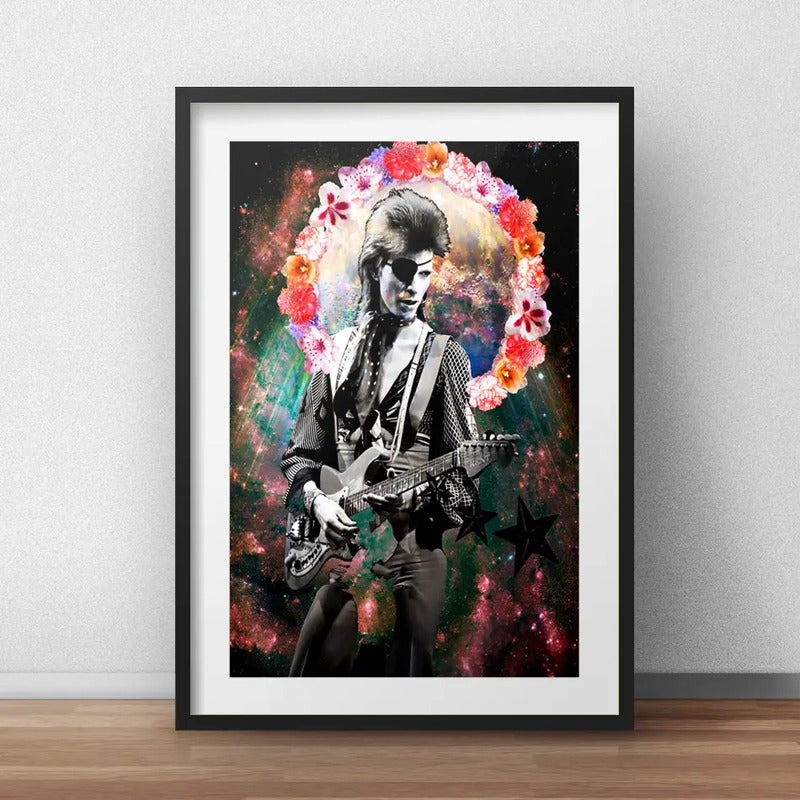 Cuadro David Bowie Floral Rock Ziggy Stardust Con Paspartú Marco Negro