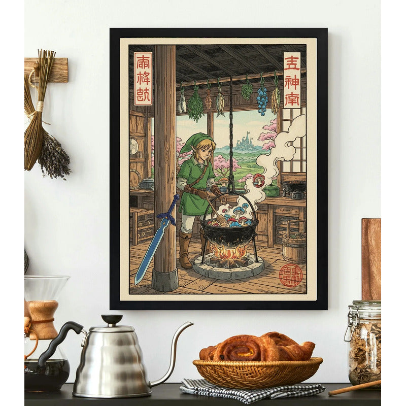 Cuadro Zelda Chef Cocina Hongos Comida Japón Game Decoracion Marco Negro