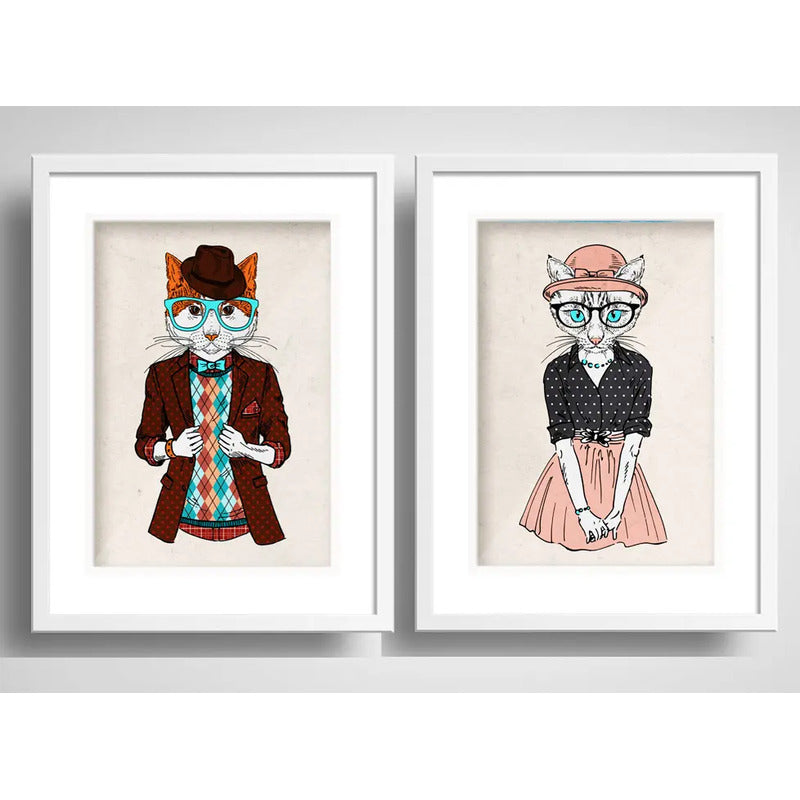 Set 2 Cuadros Pareja Gatos Hipster Pet Mascota Arte Paspartu