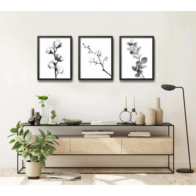 Set 3 Cuadros Living Ramas Botanica Minimalista Blanco Negro Marco Negro