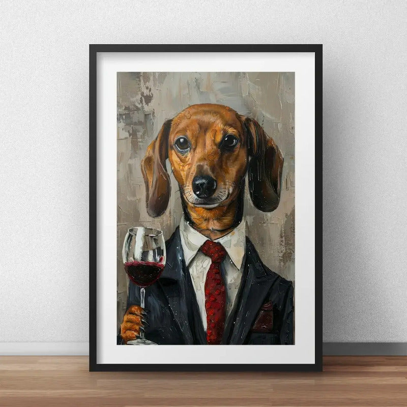 Cuadro Perro Dachshund Salchicha Tomando Vino 1 Con Paspartú