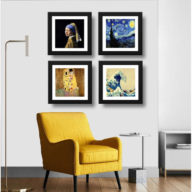 Set 4 Cuadros Obras Pintores Famosos Van Gogh Klimt 33x33cm Marco Negro