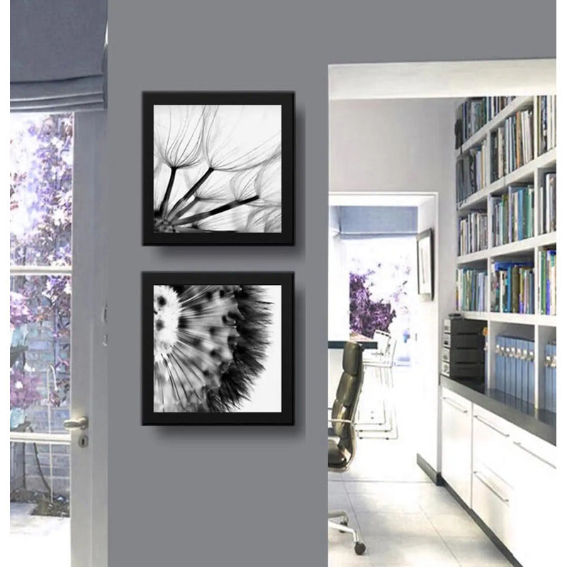 Set 2 Cuadros Flor Diente De Leon Taraxacum B/n 33x33cm Marco Negro