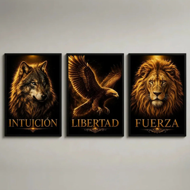 Set 3 Cuadros Motivacional Lobo León Águila Brs4 Oficina Marco Negro
