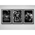Set 3 Cuadros Fútbol En Blanco Y Negro Pelota Jugador El 10 Marco Negro