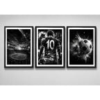 Set 3 Cuadros Fútbol En Blanco Y Negro Pelota Jugador El 10 Marco Negro