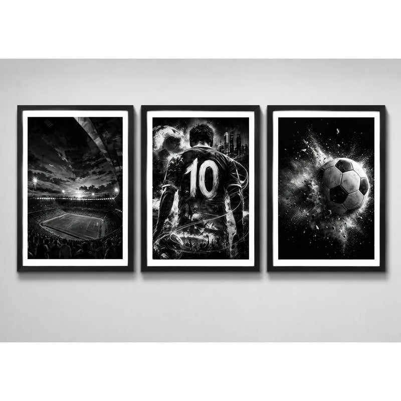 Set 3 Cuadros Fútbol En Blanco Y Negro Pelota Jugador El 10 Marco Negro