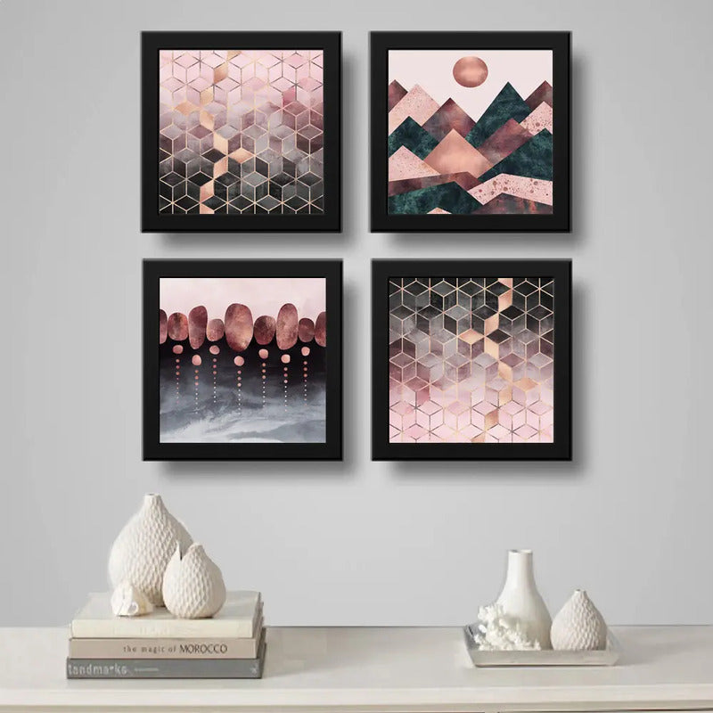 Set 4 Cuadros Abstracto Rose Gold Escandinavo Geometrico Art