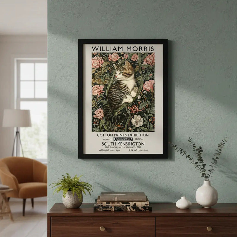 Cuadro Gato Flores William Morris Gatito Arte Exposición Marco Negro