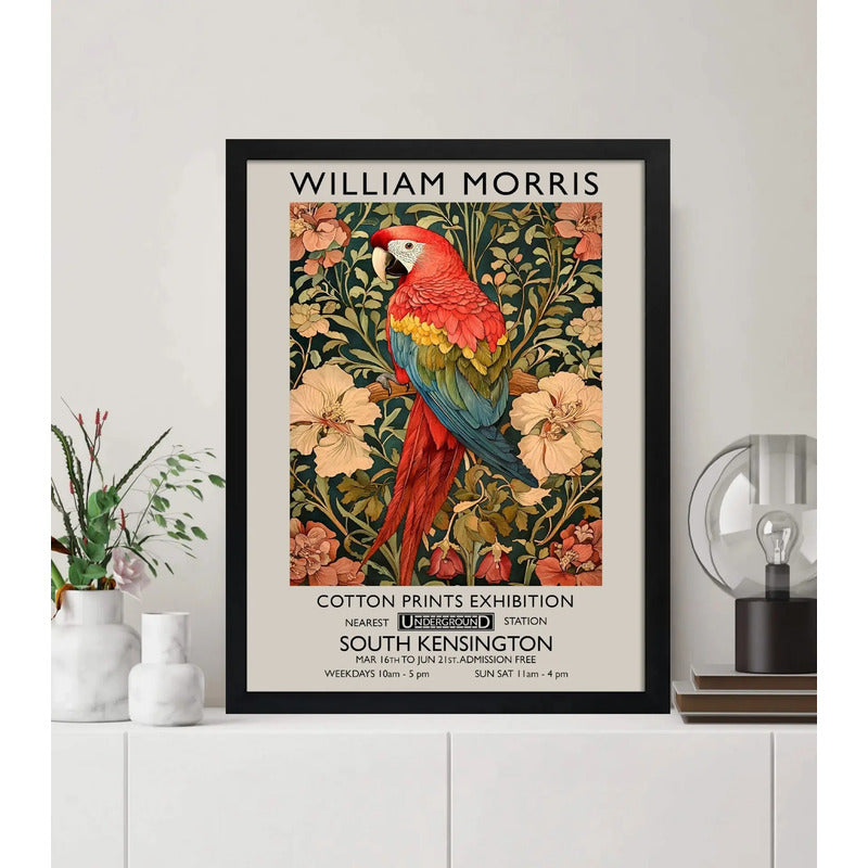 Cuadro Loro Y Flores William Morris Botanico Aves Floral B1 Marco Negro