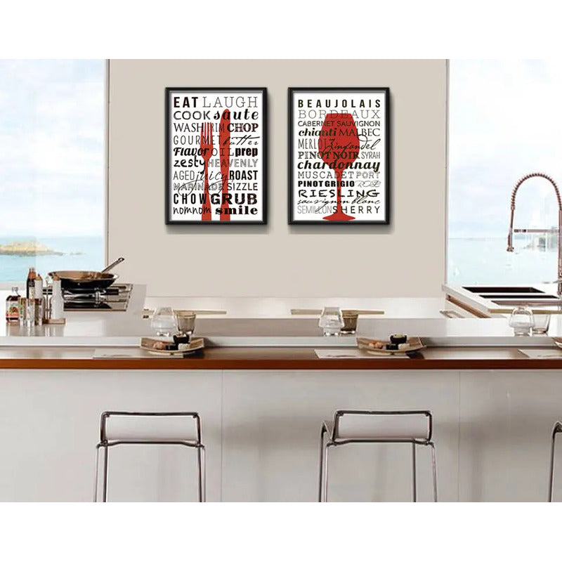 Set 2 Cuadros Cocina Gourmet Rojo Vinos Kitchen Decoración