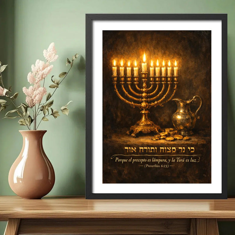 Cuadro Arte Judaico Hanukkah Proverbios 6:23 Preceptos Tora Marco Negro