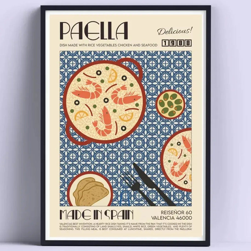 Cuadro De Cocina Paella Española Comida Decoracion Gourmet Marco Negro