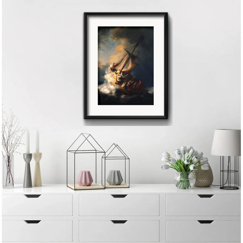 Cuadro Rembrandt Estilo Arte Barroco 53x43cm Con Paspartú La Tormenta En El Mar De Galilea Con Marco Negro