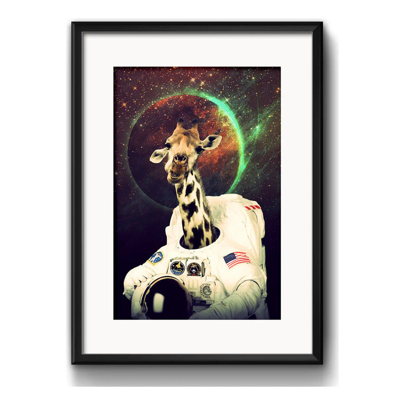 Cuadro Jirafa Astronauta Luna Nasa Decoracion Con Paspartú Marco Negro