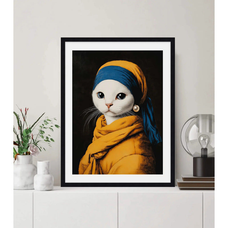Cuadro Gato La Joven De La Perla Mascota Arte Decoracion Marco Negro