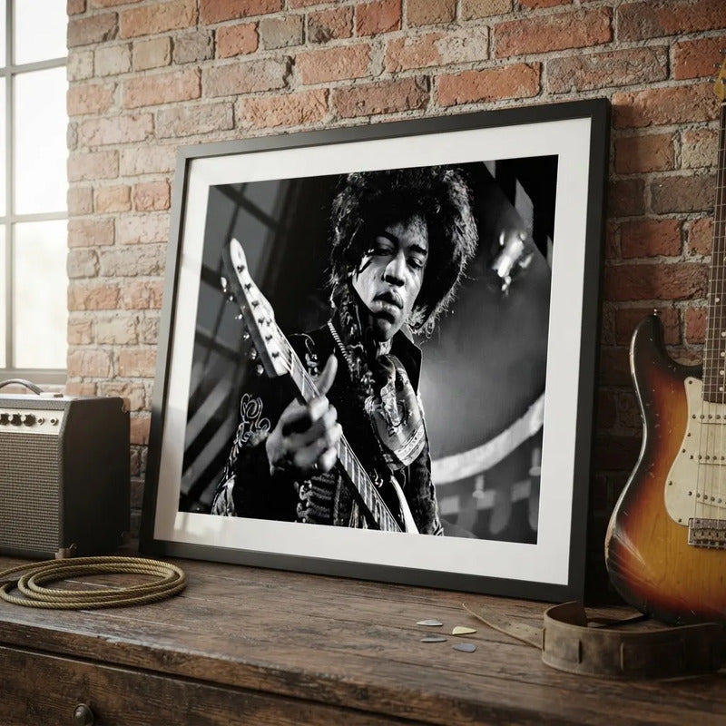 Cuadro Jimi Hendrix Blanco Y Negro Psicodélico Rock Guitarra Marco Negro