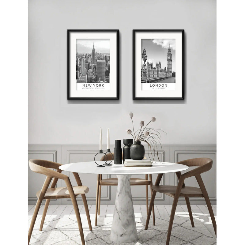 Set 2 Cuadros New York Londres Blanco Negro 53x43cm Paspartú Marco Negro