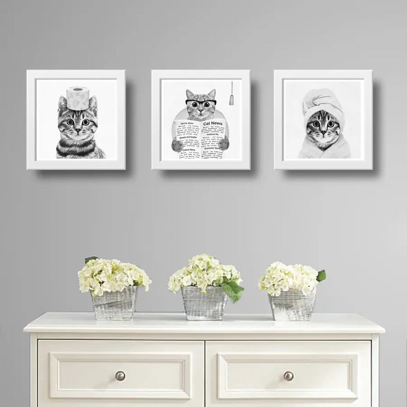 Set 3 Cuadros Gato Baño Blanco Y Negro Mascota Pet Decora