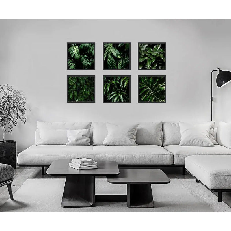 Set 6 Cuadros Hojas Plantas Verdes Decoracion Botanico 33x33 Marco Negro