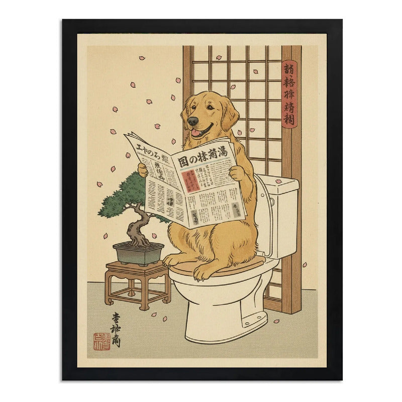 Cuadro Bano Perro Labrador Flores Cerezo Japón Decoracion Marco Negro