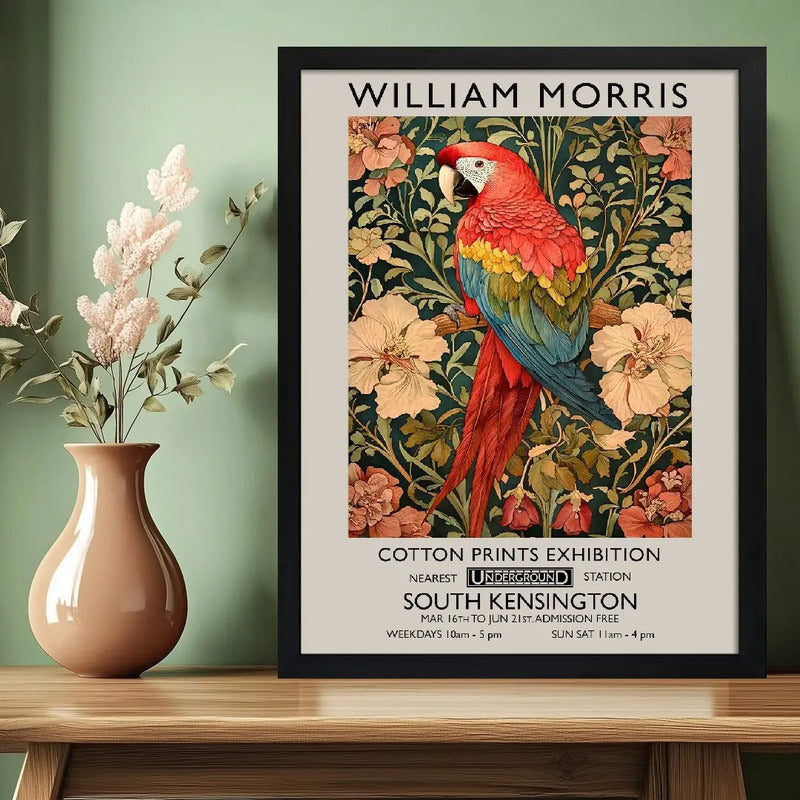 Cuadro Loro Y Flores William Morris Botanico Aves Floral B1 Marco Negro