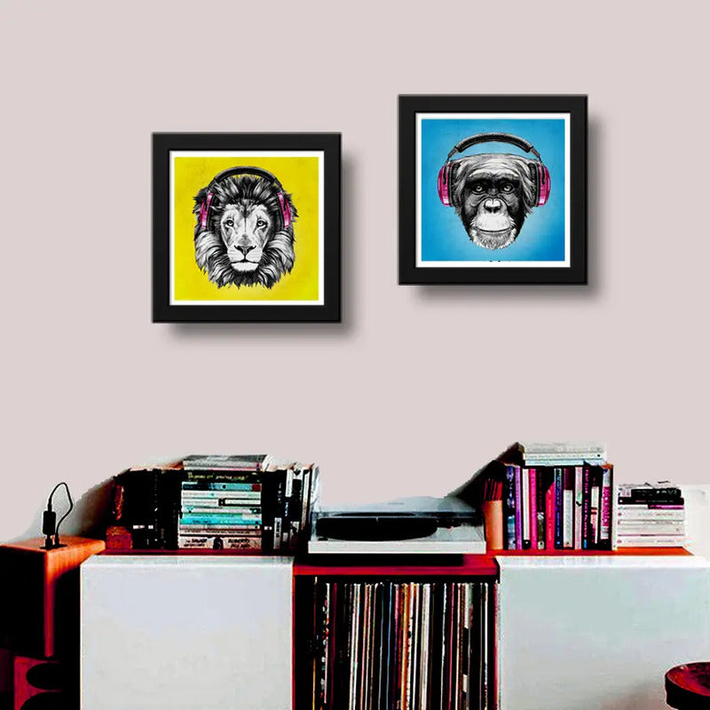 Set 2 Cuadros León Mono Pop Art Auriculares Animales Decora
