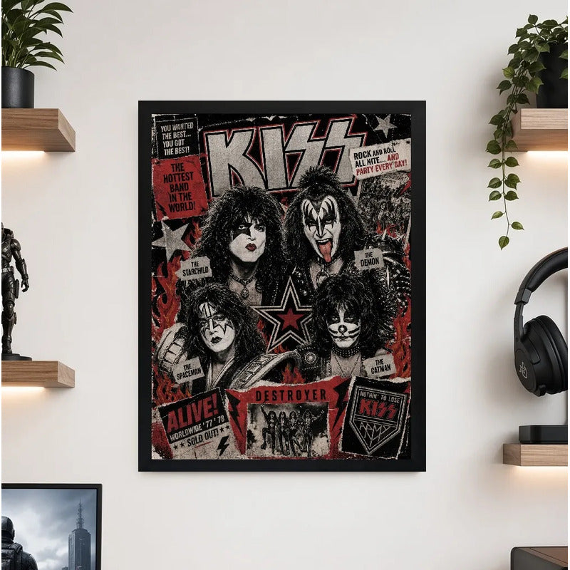 Cuadro Kiss Banda Miembros Icónicos Rock Arte Vintage Marco Negro