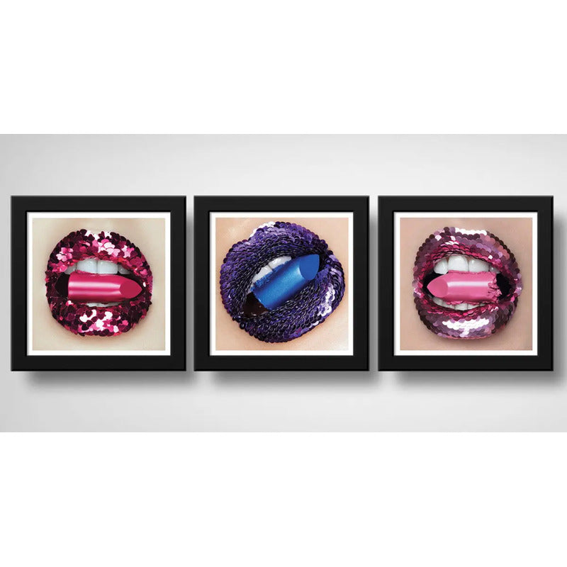 Set 3 Cuadros Fashion Boca Diamantes Joyas Salon Decoración