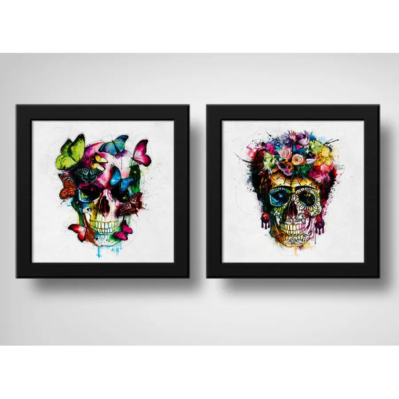 Set 2 Cuadros Calavera Mariposas Frida Calavera Flores Decor