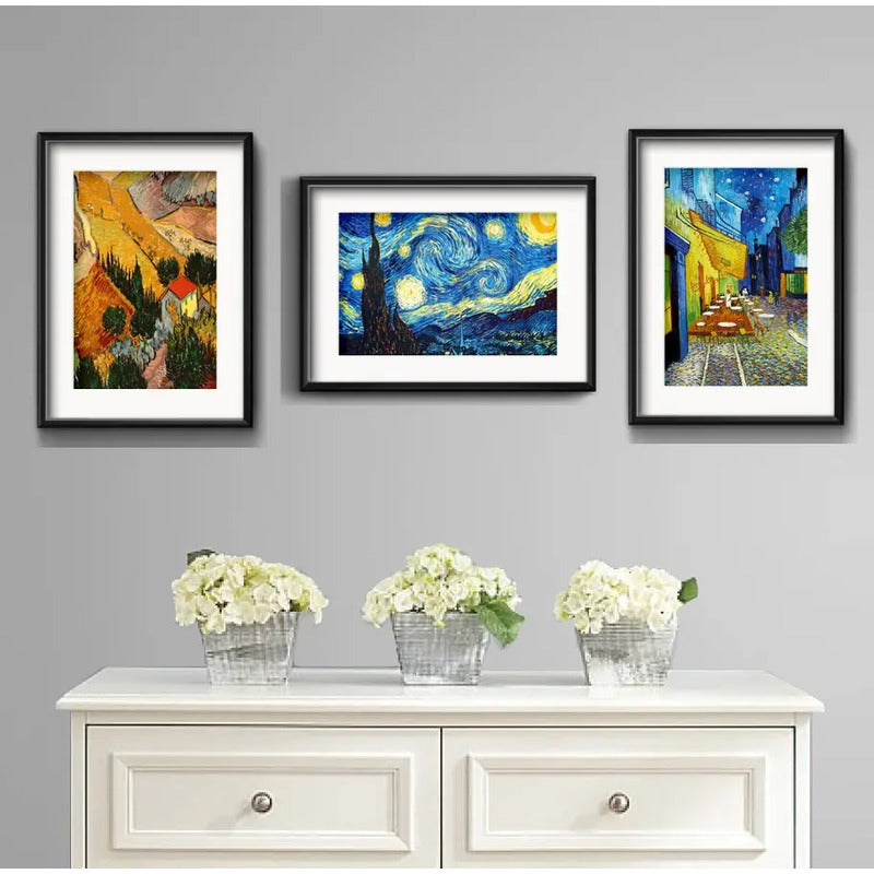 Set 3 Cuadros Van Gogh Obras Noche Estrellada Terraza Café 43x33cm Con Paspartú Marco Negro