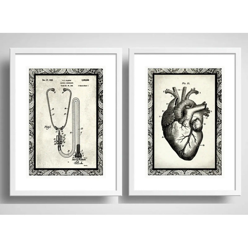 Set 2 Cuadros Estetoscópio Corazón Medico Arte Con Paspartu
