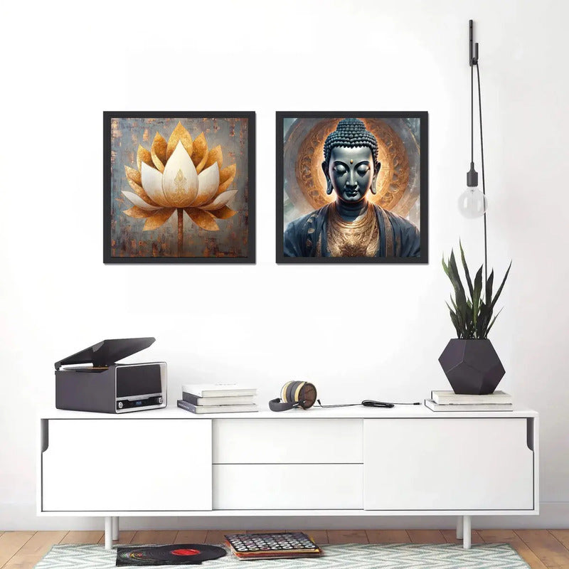 Set 2 Cuadros Buda Flor De Loto Feng Shui Zen Casa - 33x33cm Buda Yoga Negro