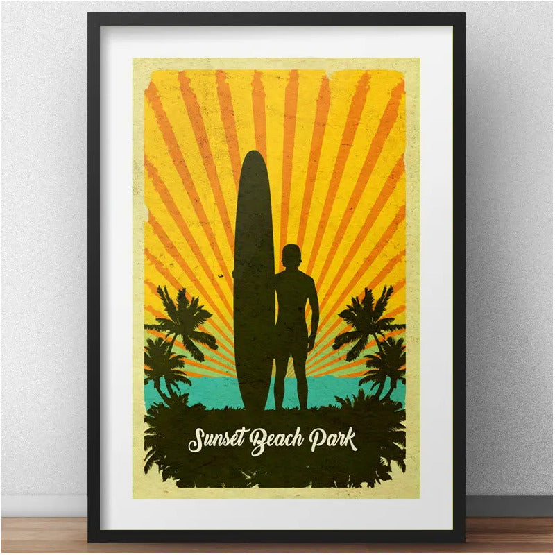 Cuadro Surf Tabla Playa Tablista Sunset Beach Con Paspartu Marco Negro