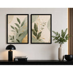 Set 2 Cuadros Hojas Verde Oro Arte Abstracto Decora Living Marco Negro